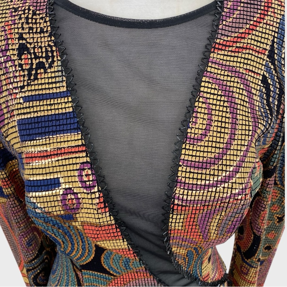 Vintage Multicolor Metallic Painted Bombshell Mesh Front Midi Dress Size Small - Picture 3 of 16